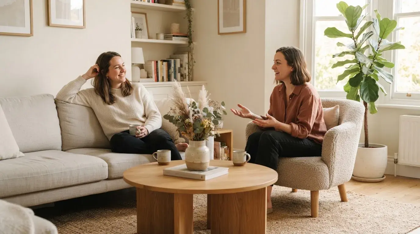 Två personer samtalar avslappnat i ett ljust vardagsrum med mjuka texturer och en soffa i bakgrunden.