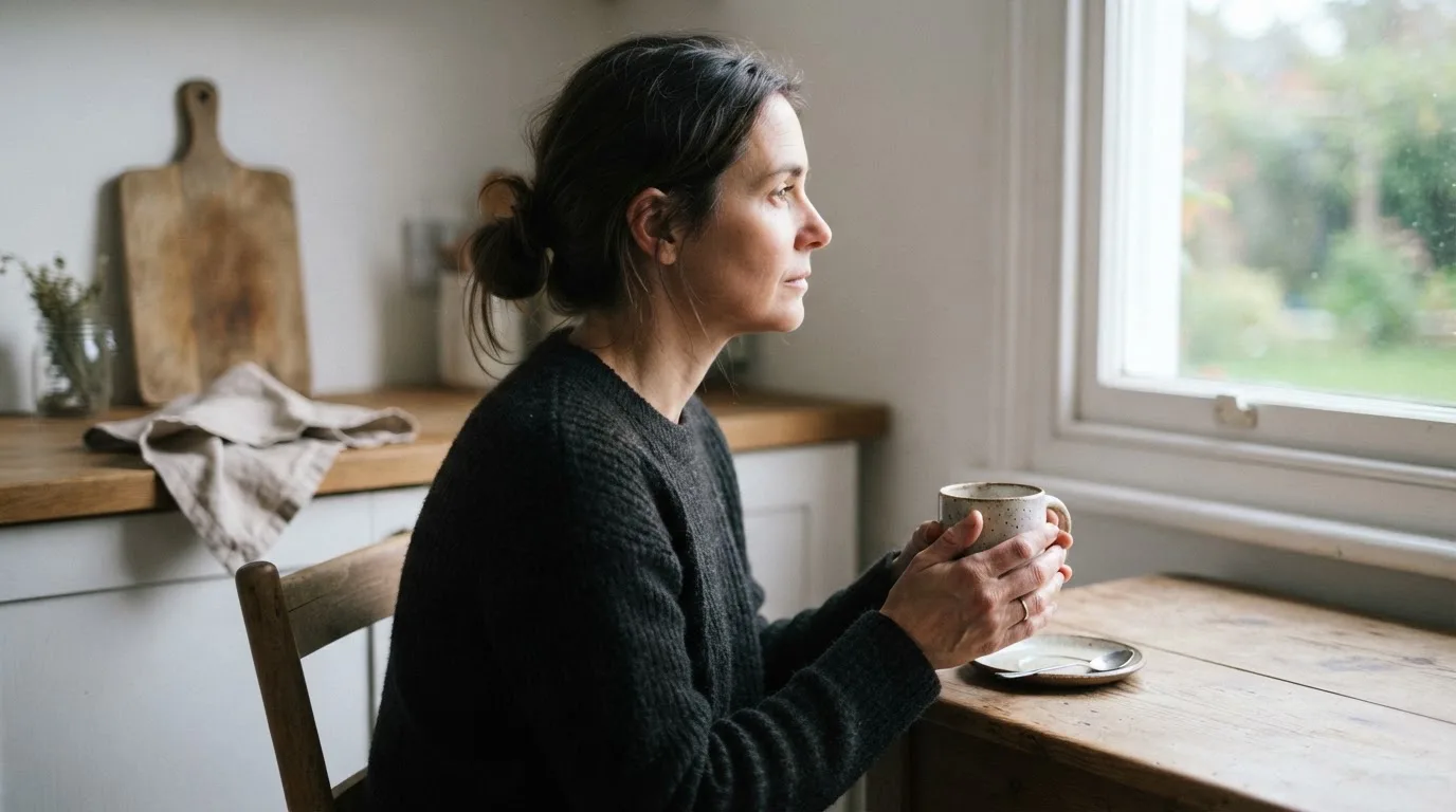 En person sitter ensam vid ett köksbord med händerna runt en varm kopp och blicken riktad mot fönstret.